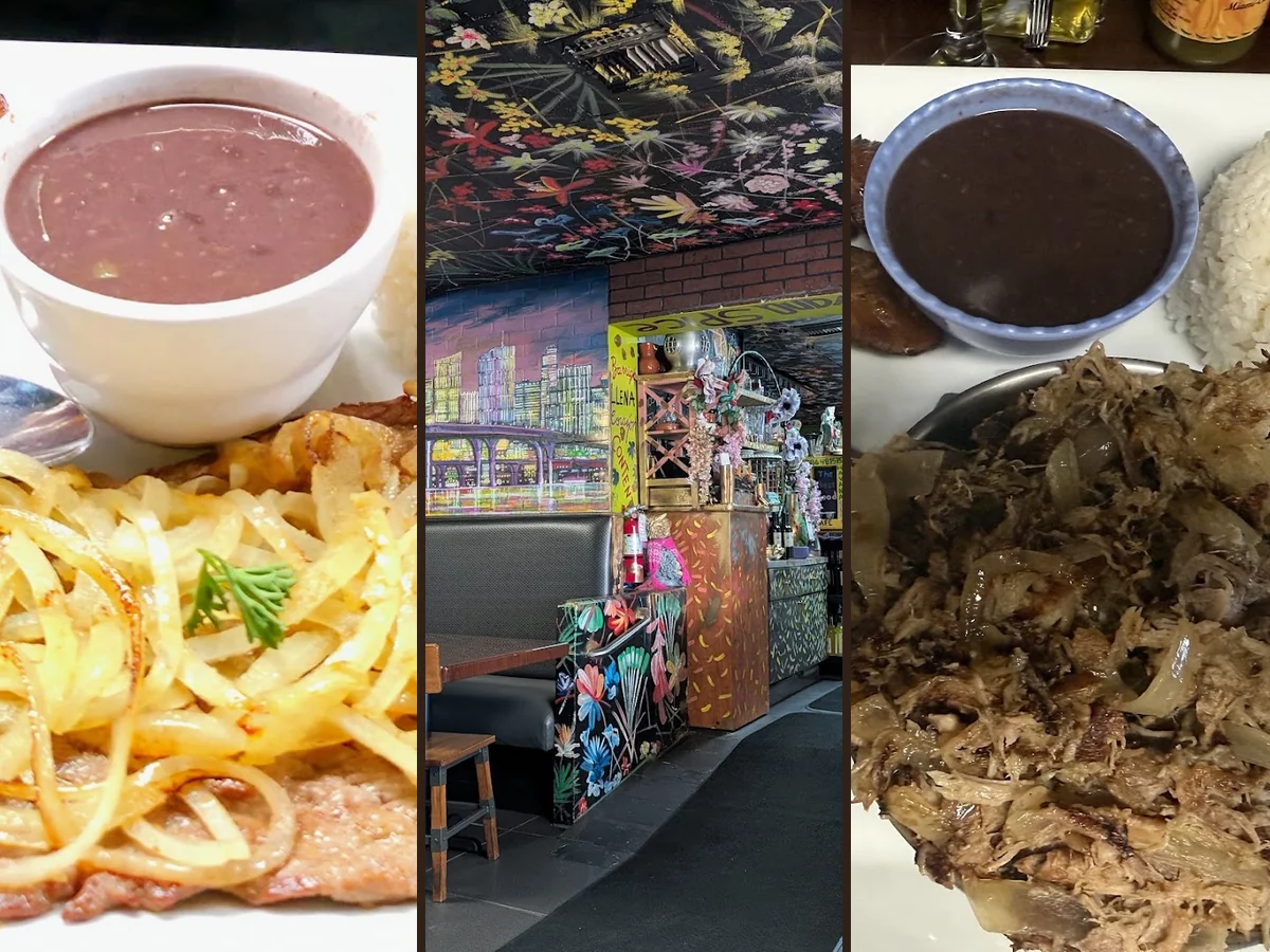 Plates of Cuban food on a restaurant table