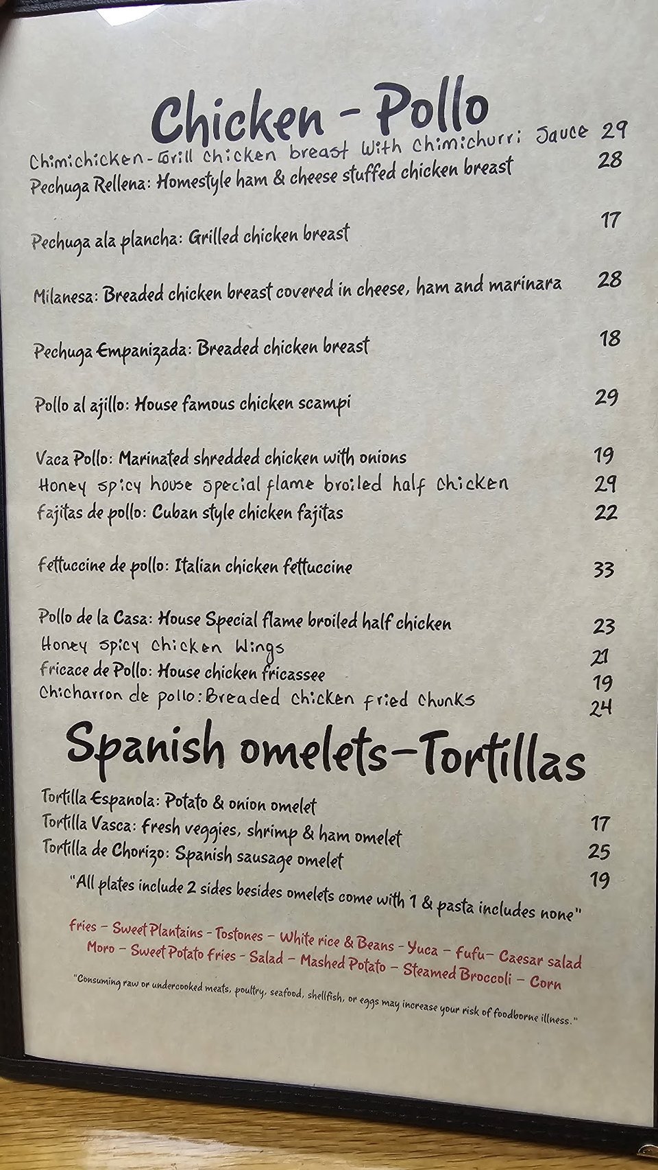 Menu page for desserts
