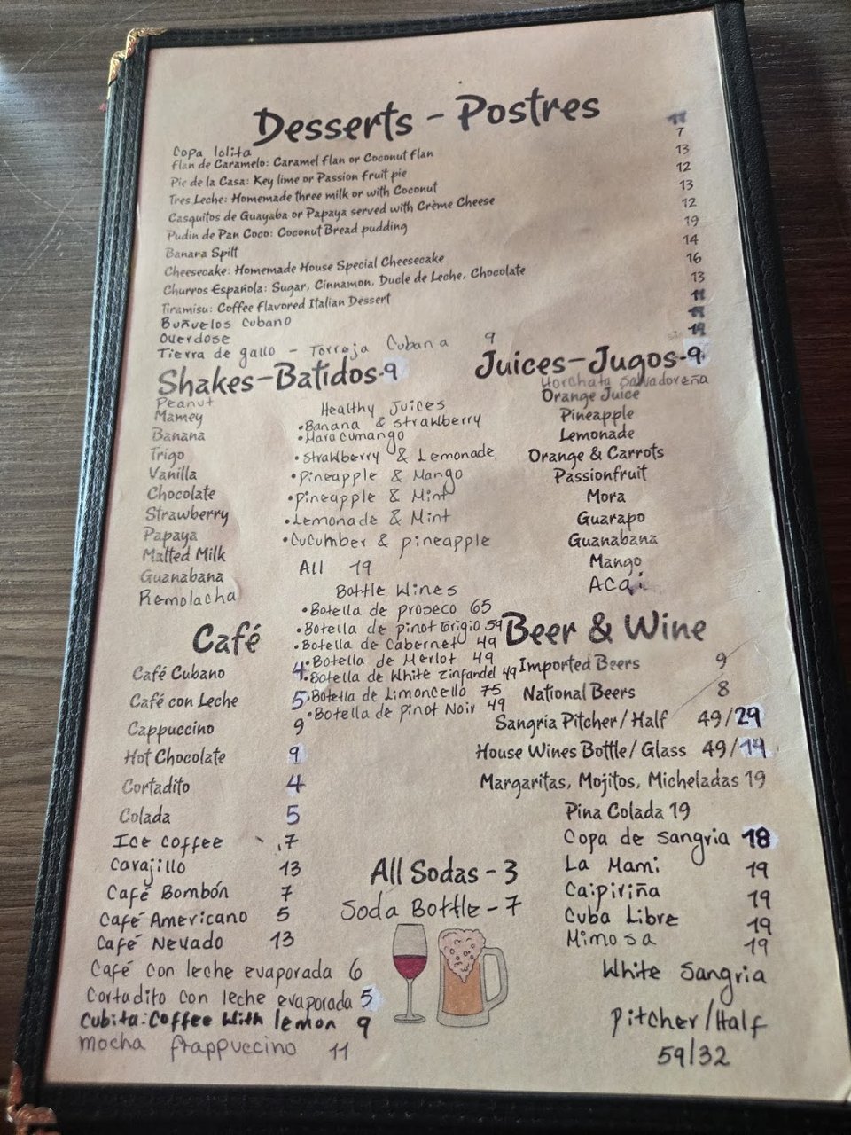 Printed restaurant menu with dessert section
